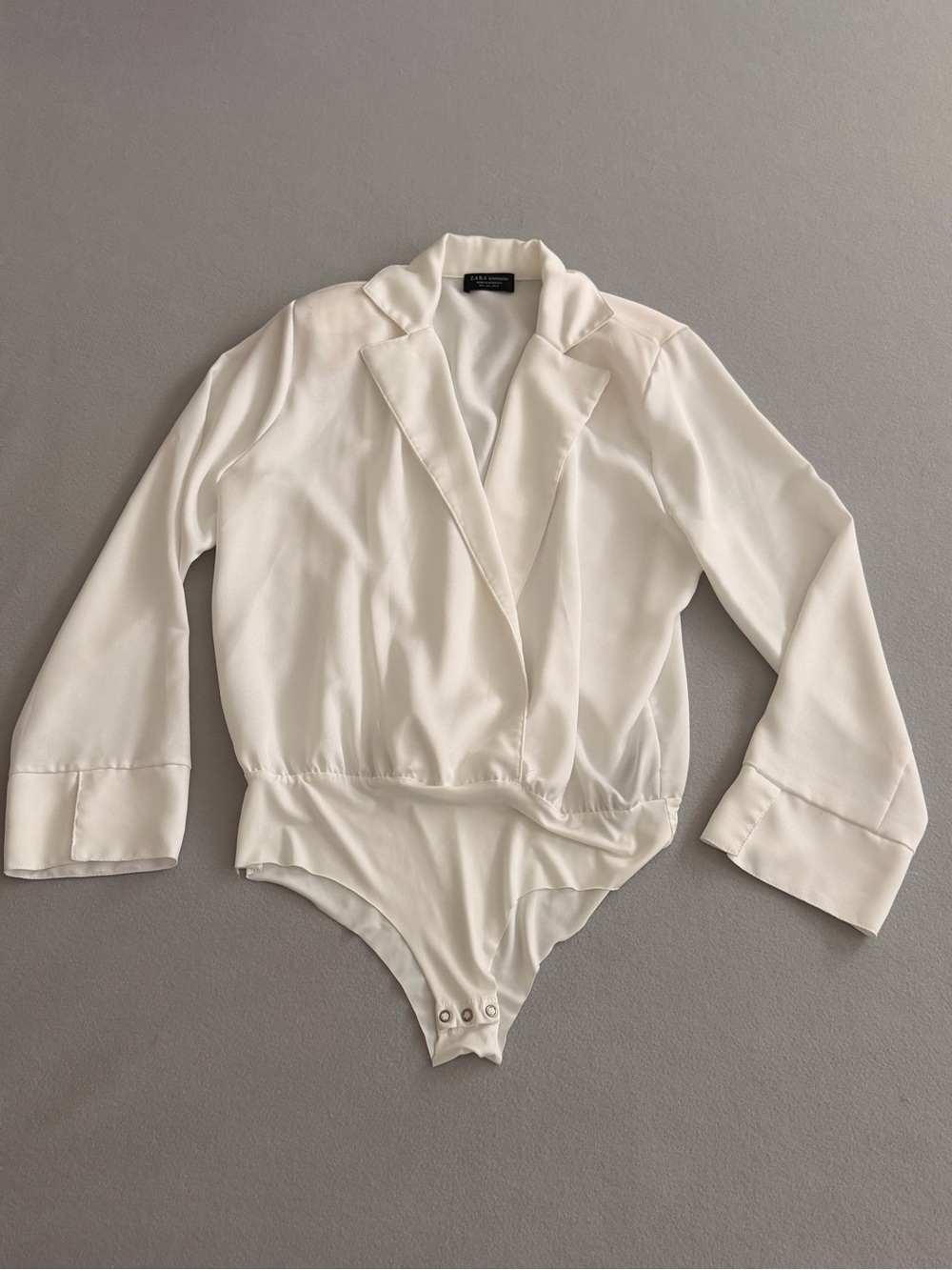 Zara White Long-Sleeve One-Piece Bodysuit with Blazer Collar